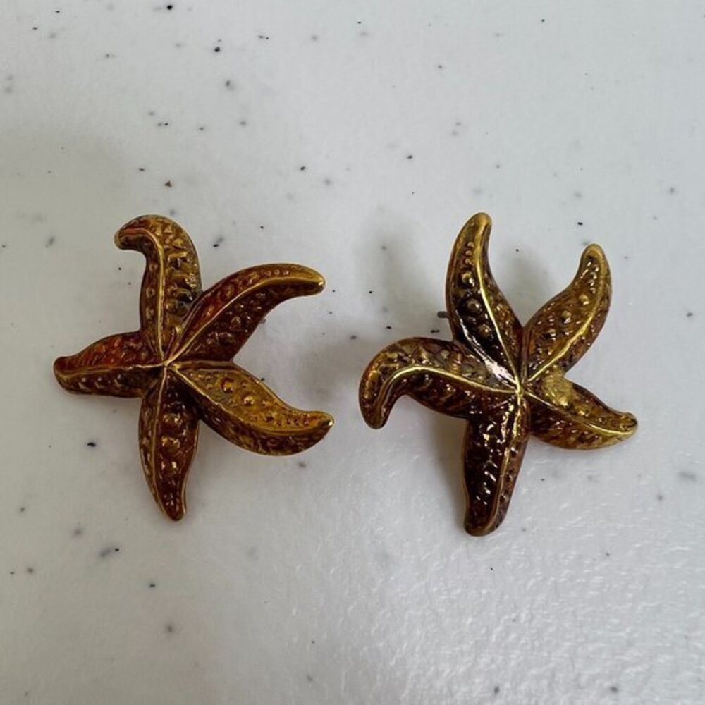 Starfish Earrings Gold Tone Nautical Sea Star Stud Big‎ Vintage Enamel Look